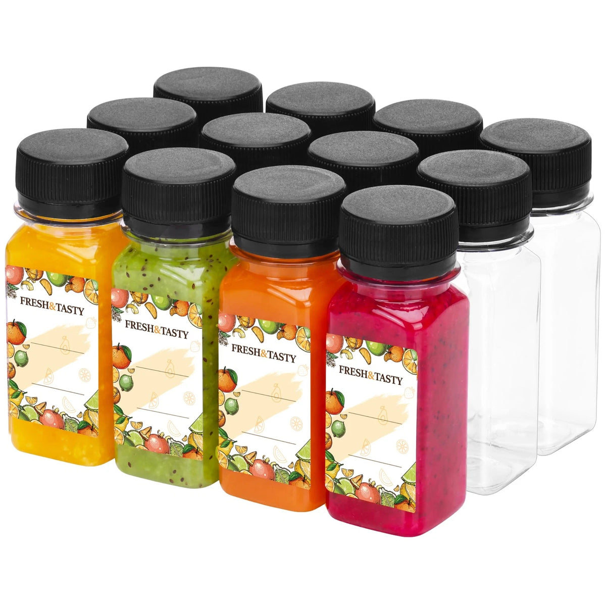 12pcs 2oz Plastic Shot Juice Bottles with Caps - Reusable Clear Bulk