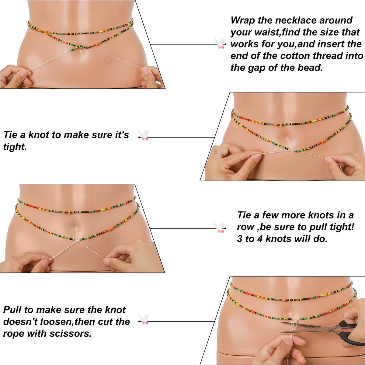 8 Pcs Tie-on African Waist Beads for Women - Non Stretching