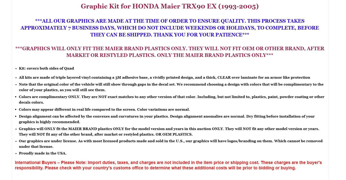 ATV Graphic Decals Stickers for Honda TRX 90 (1993–2005)