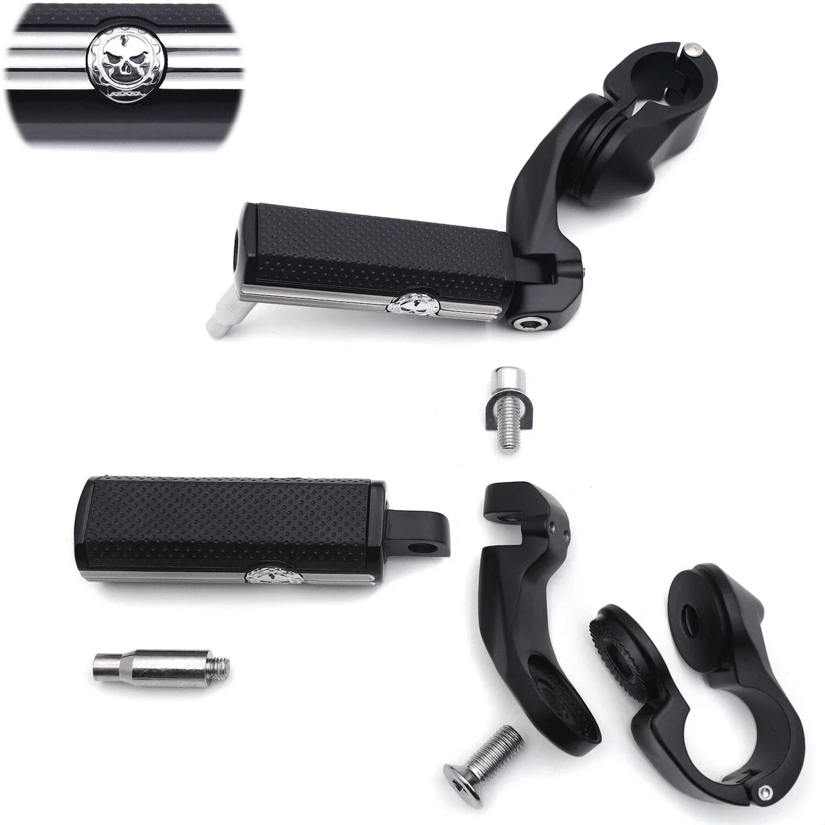 1-1/4" Chrome Black Short Angled Gear Skull Foot Pegs for Motorcycle