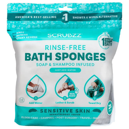 Scrubzz Disposable No Rinse Bathing Wipes for Sensitive Skin (25 Count)