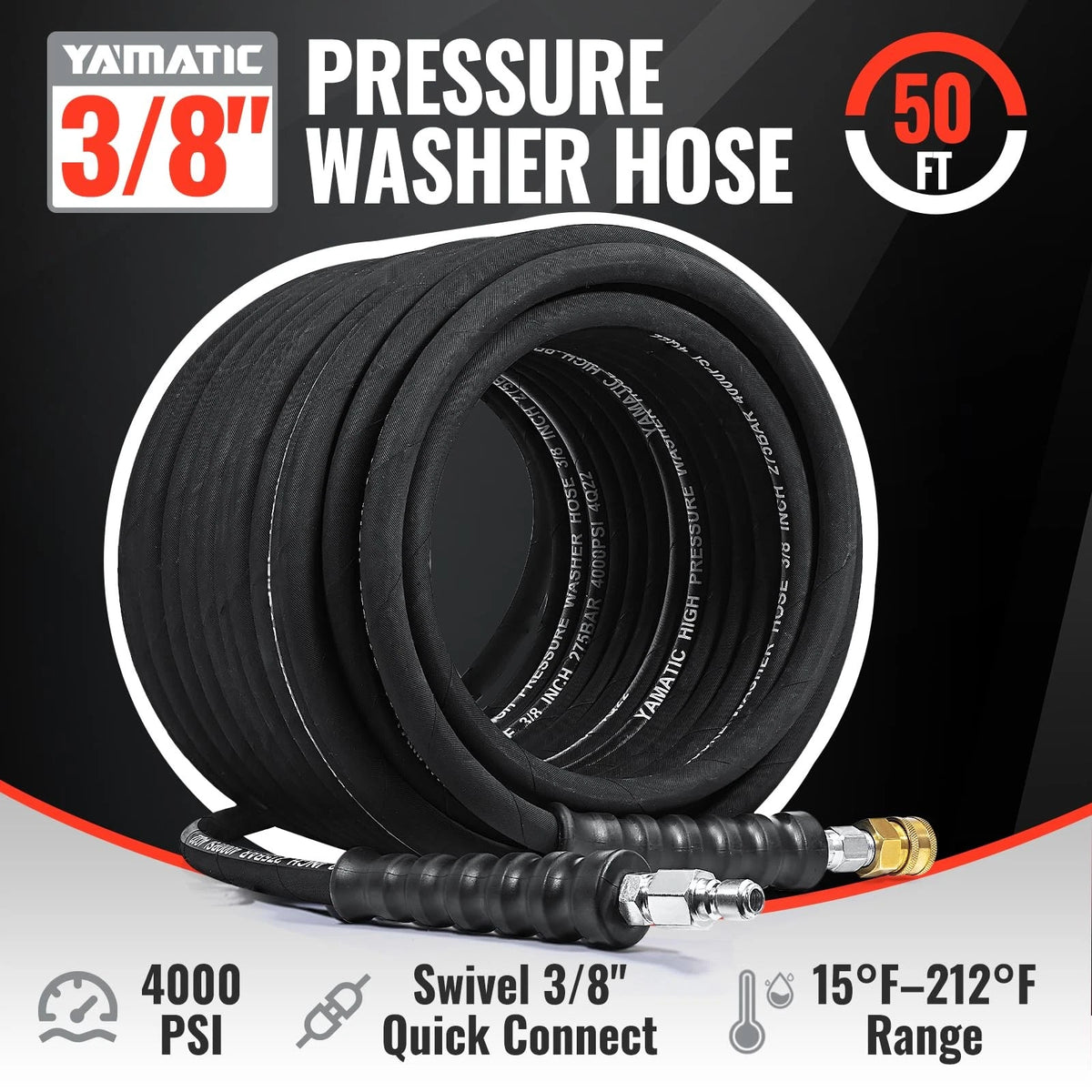 3/8" Pressure Washer Hose for YAMATIC (50FT, 4000 PSI, Swivel, Quick Connect)