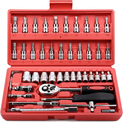 46-Piece 1/4 Inch Drive Socket Ratchet Wrench Set with Bits for Automotive