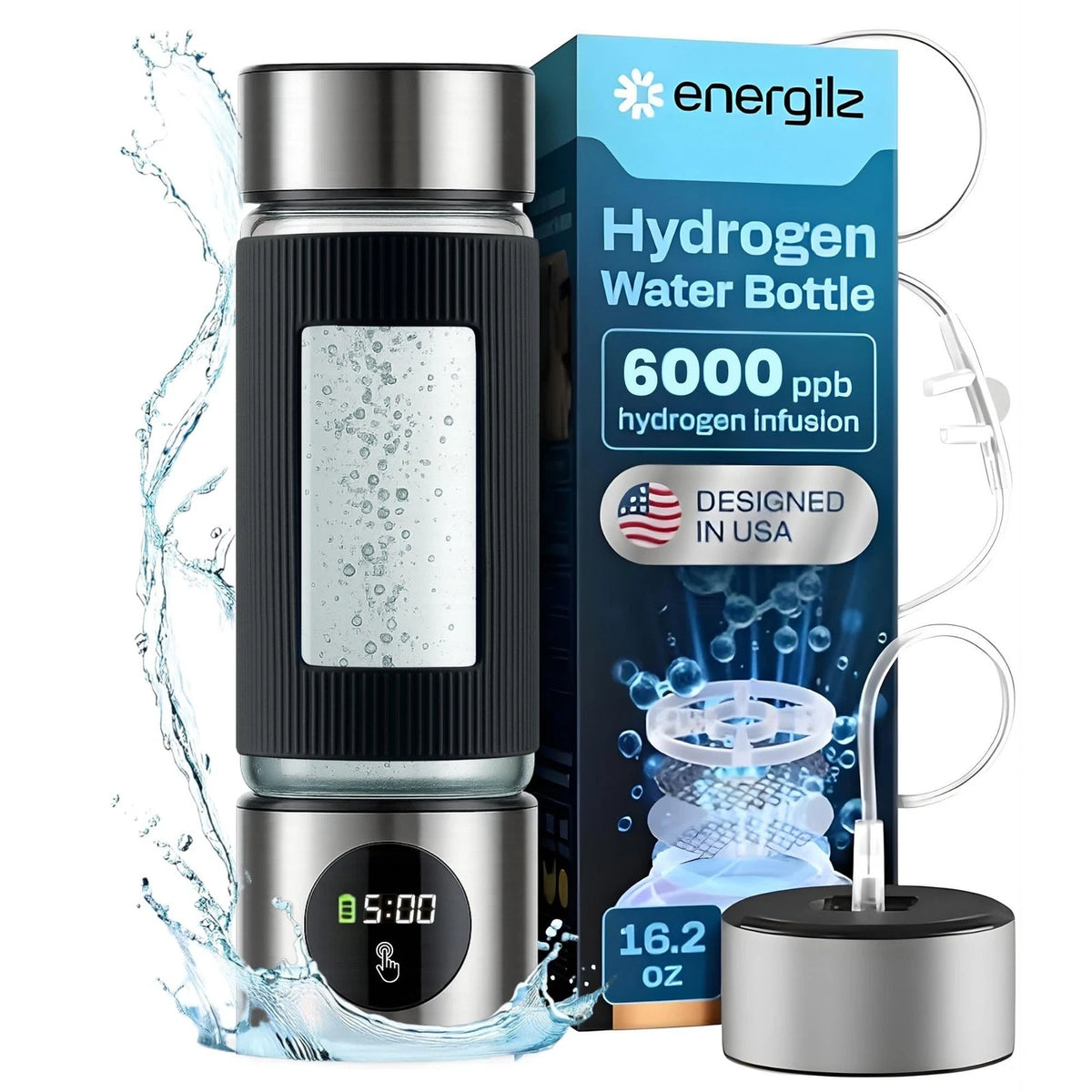 Energilz Hydrogen Water Bottle for Universal Use (16.2 oz, Silver)