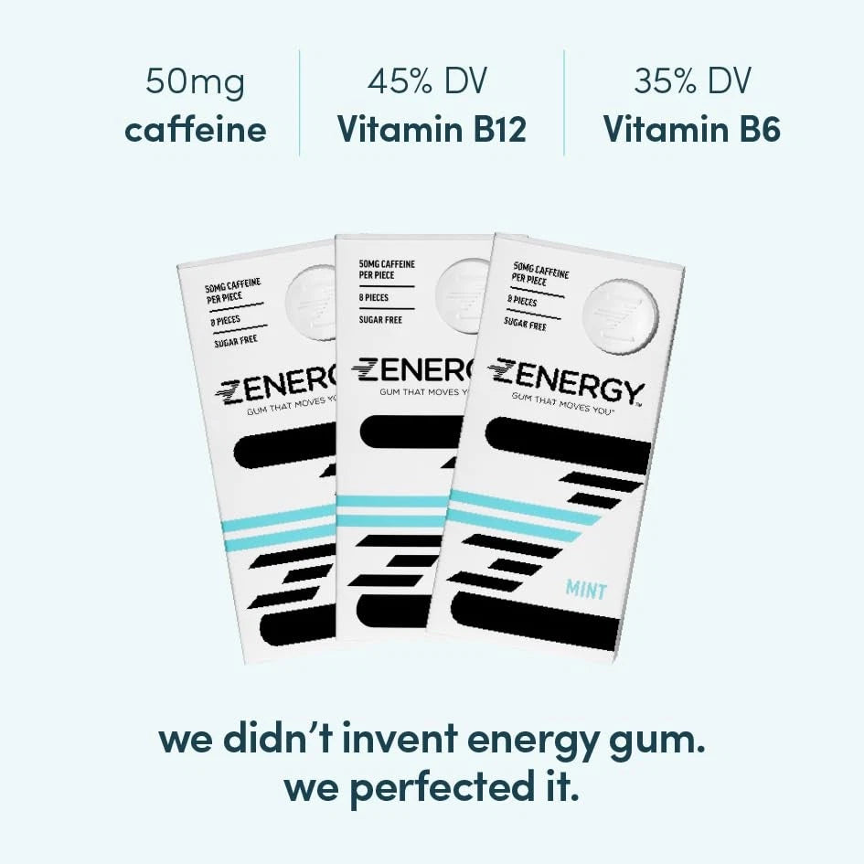 Energy Gum for Mint Flavor (Pack of 12) - 50mg Caffeine, 8 Count