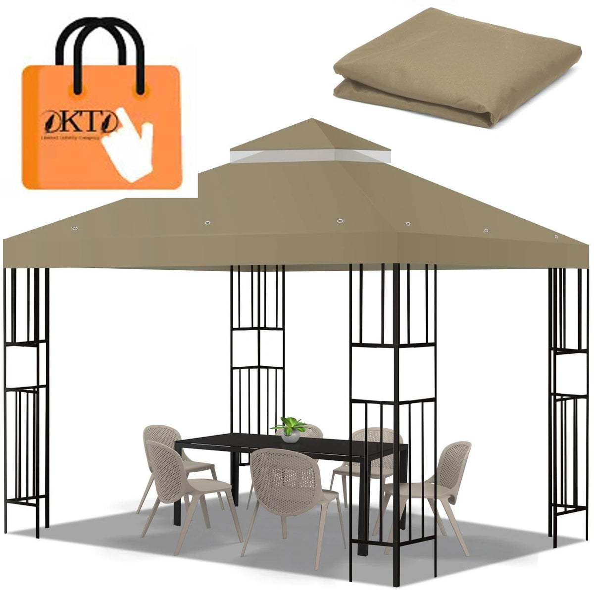 10x10 FT Gazebo Replacement Canopy Cover Double Tiered Khaki