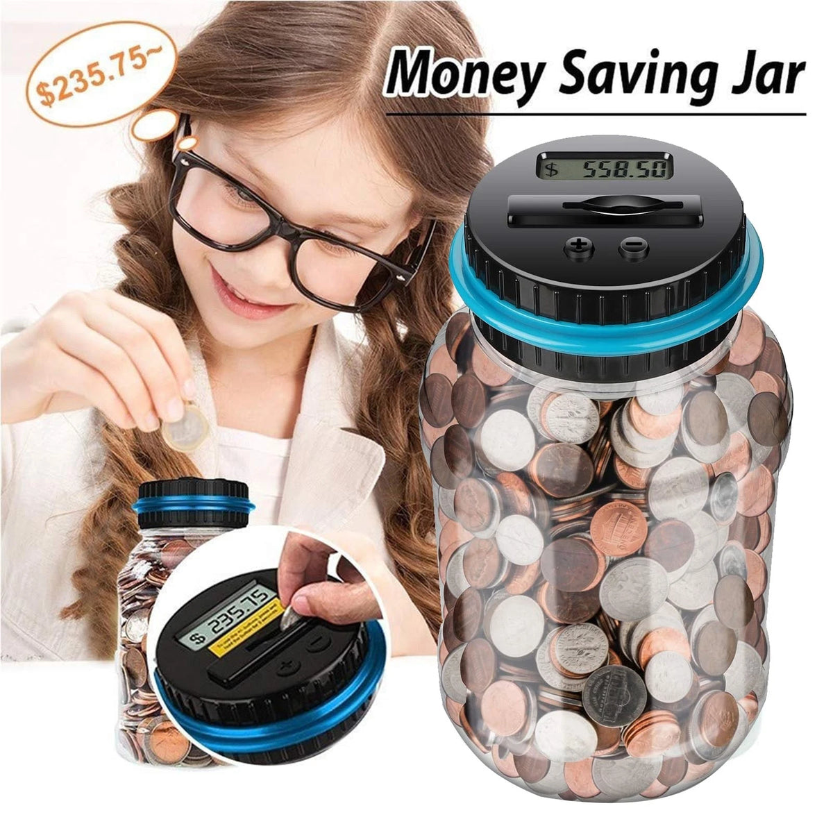 Digital Coin Counter Piggy Bank for Savings Jar - Blue