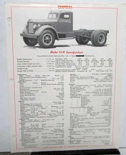 Specification Sheet for 1948 Federal Truck Model 55M