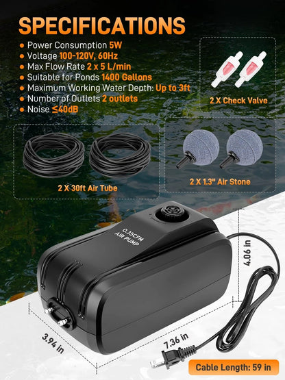 2X Pond Aerator Air Pump Kit with 30Ft Airline Tubing for Ponds 1400 Gallons