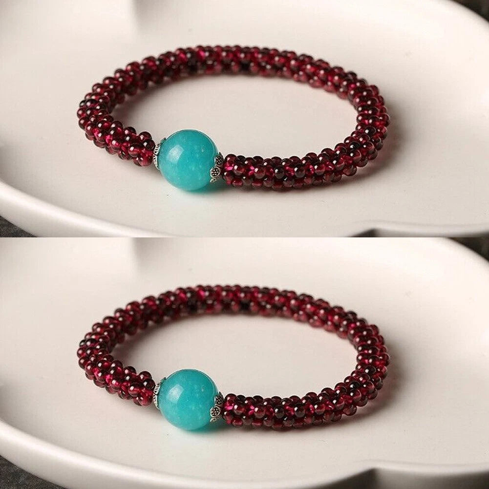 2X Natural Amazonite Garnet Round Beads Bracelet for Unisex