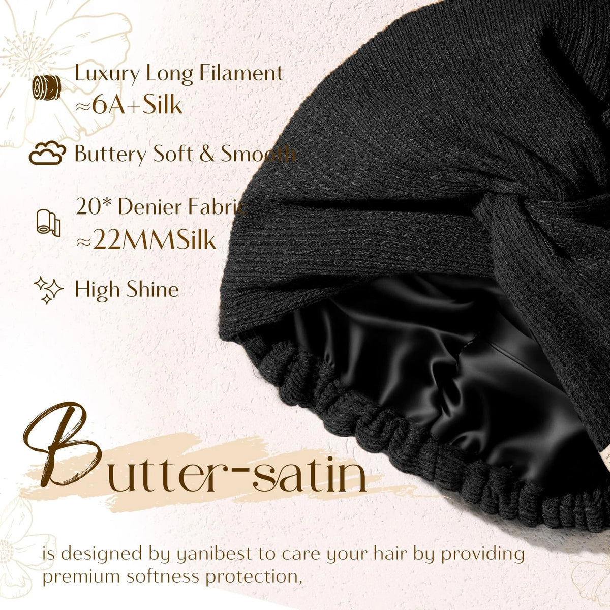 Soft Butter-Satin Lined Beanie Turban for Winter (One Size, Black)