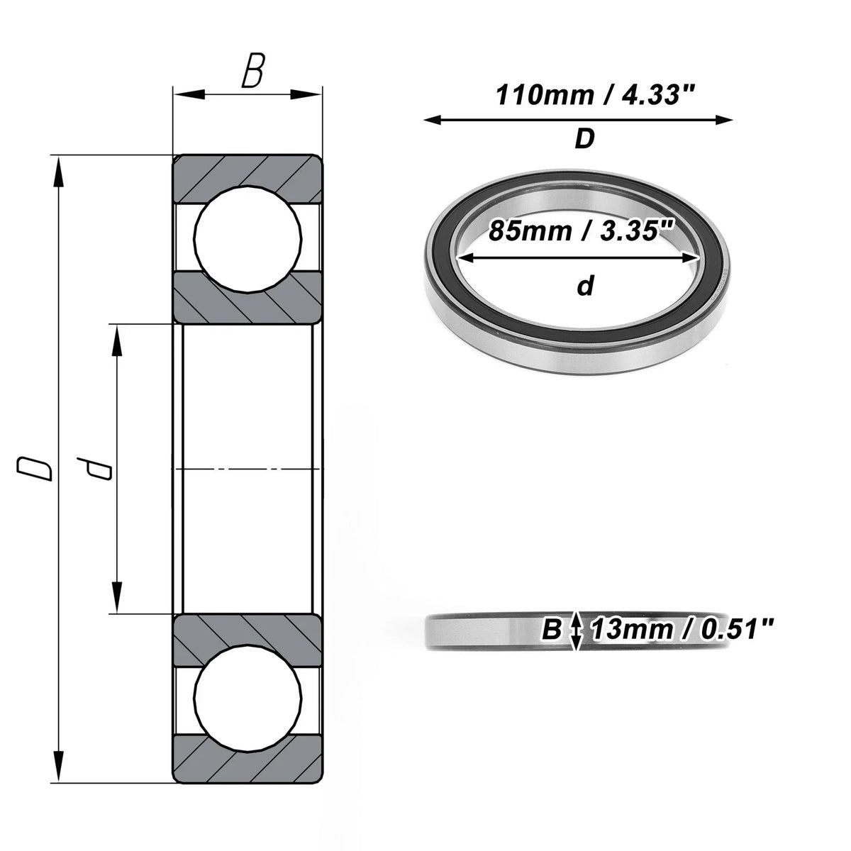 1 Pc Deep Groove Ball Bearing 6817DDU for Scooter Skateboard (P0 85x110x13mm)
