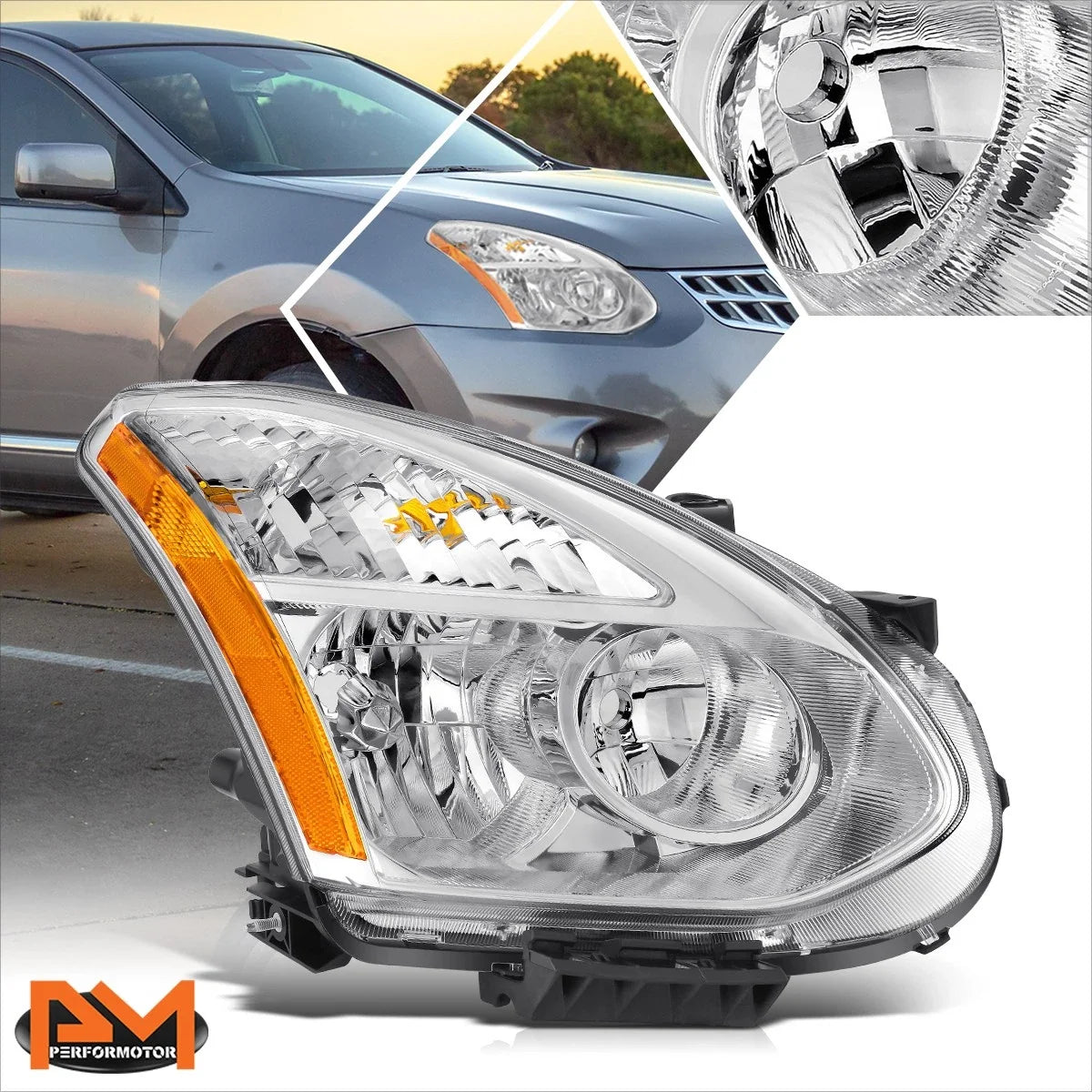 Right Side Headlight for Nissan Rogue (2009–2010) Chrome Amber Corner