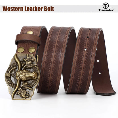 Leather Belt for Western Cowboy Style (Fit Size 34"-37") - Coffee