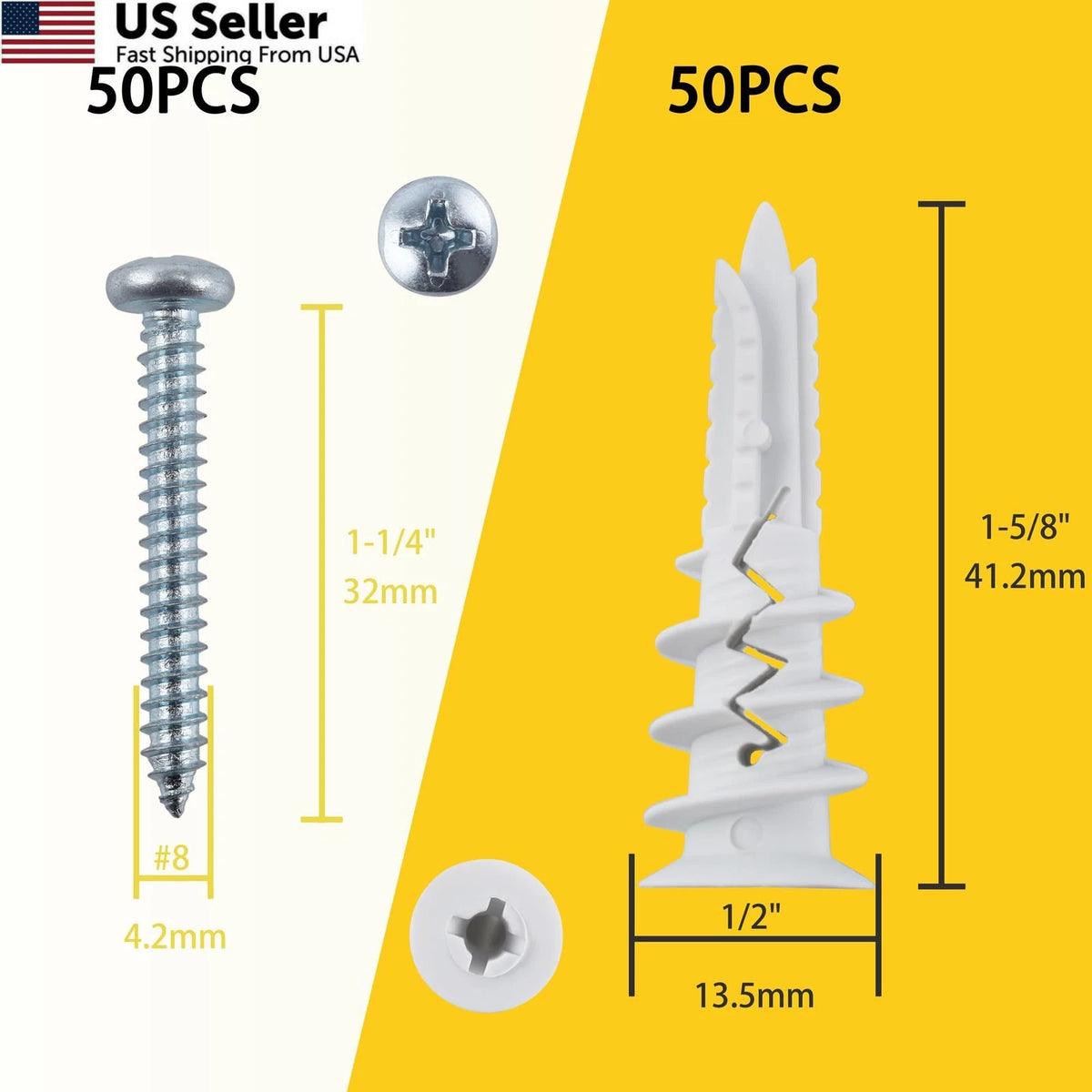 100PCS Self Drilling Drywall Anchors #8 1-1/4 inches White