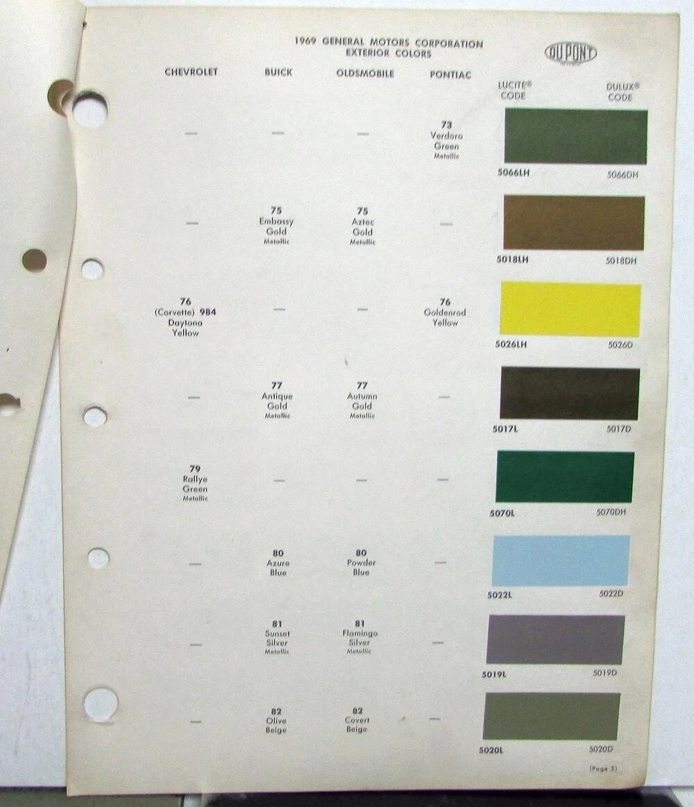 Paint Chip Color Samples for Pontiac Buick Chevrolet Oldsmobile Cadillac (1969)