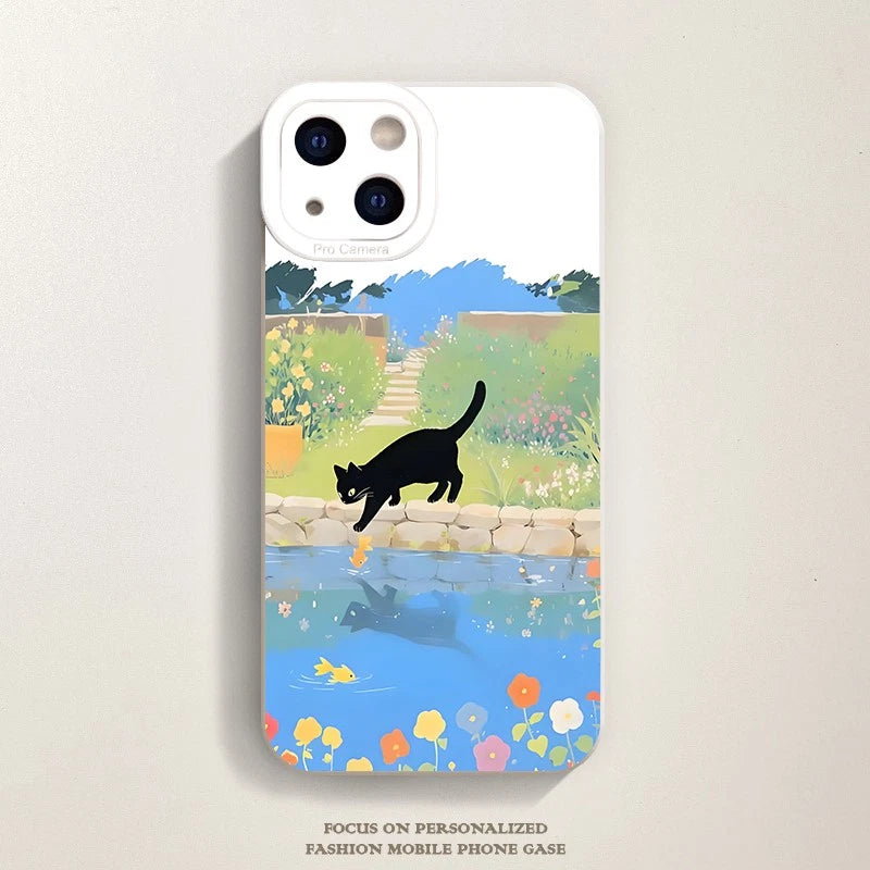 iPhone Case for Vintage Pastel Garden Black Cat Motif