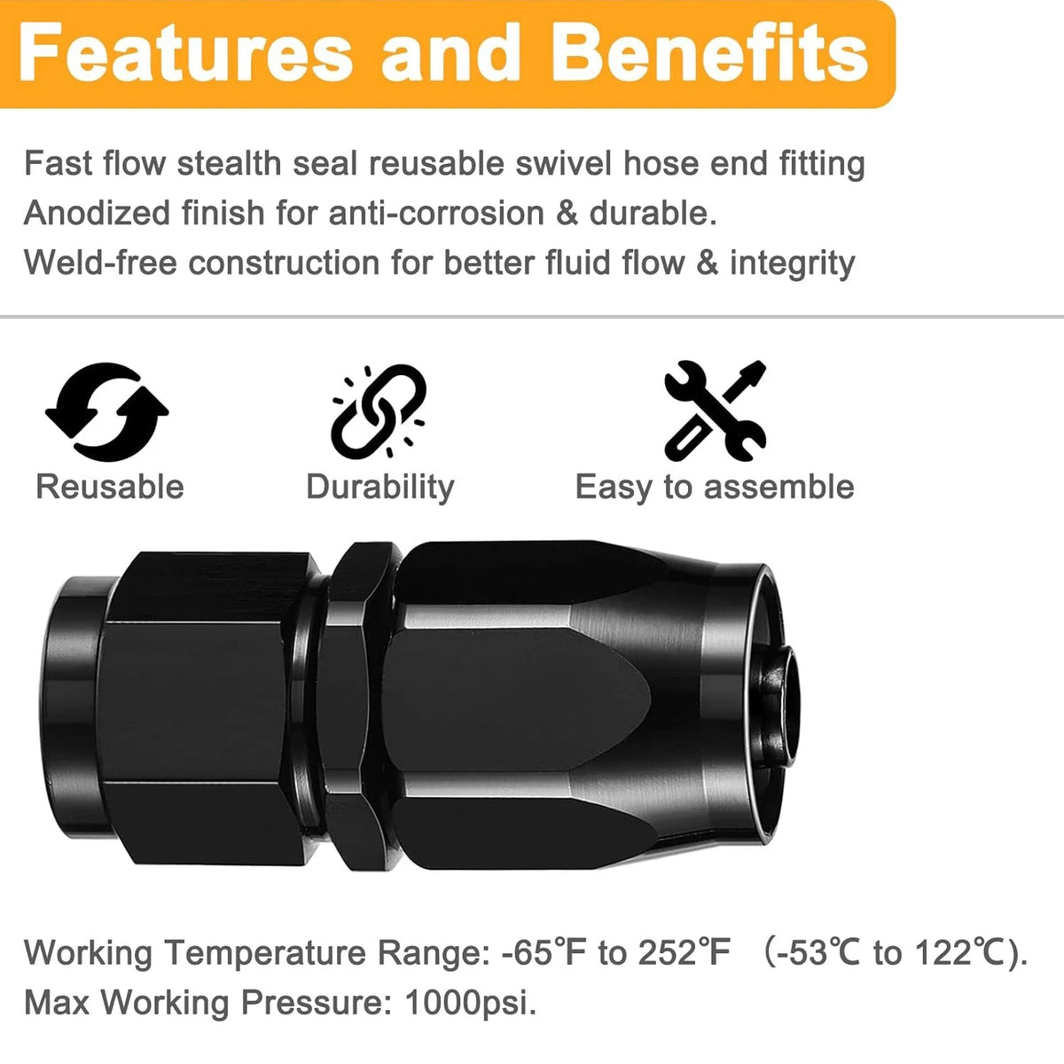 4Pcs 10AN Straight Swivel Hose End Fitting for CPE Oil Fuel Line Aluminum Black