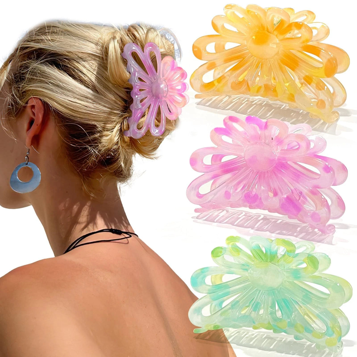 3X Flower Hair Claw Clips for Women/Girls - 3.1" Big Cute Clips