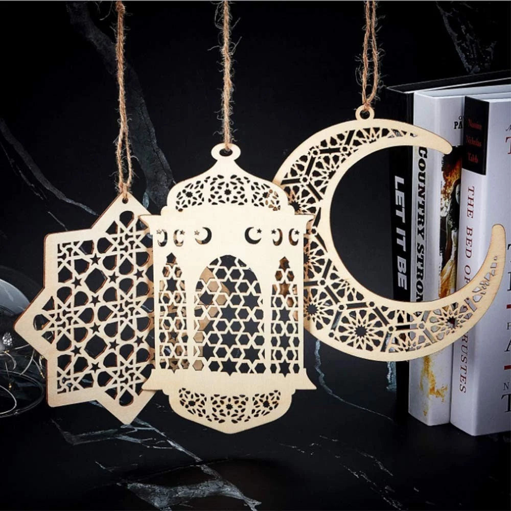 Set of 6 Wooden Ornaments for Ramadan Decoration - Moon Lantern Star