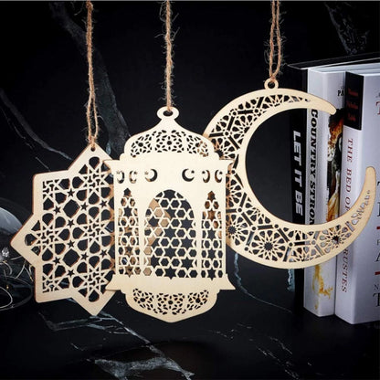 Set of 6 Wooden Ornaments for Ramadan Decoration - Moon Lantern Star
