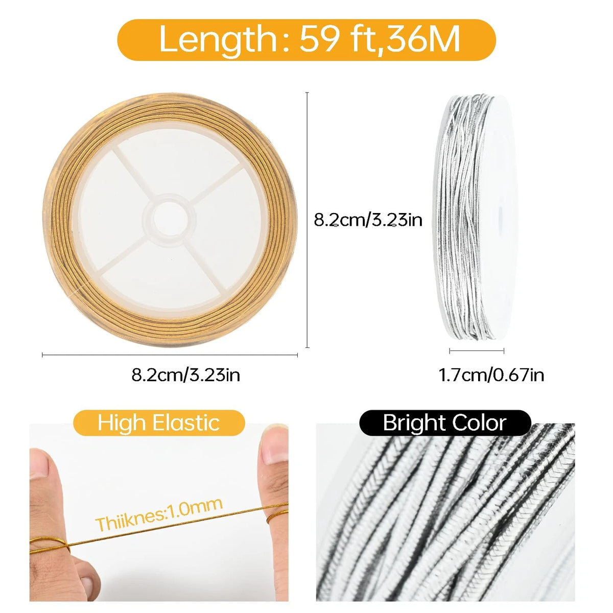2 Rolls Metallic Elastic Cords String Gold Silver
