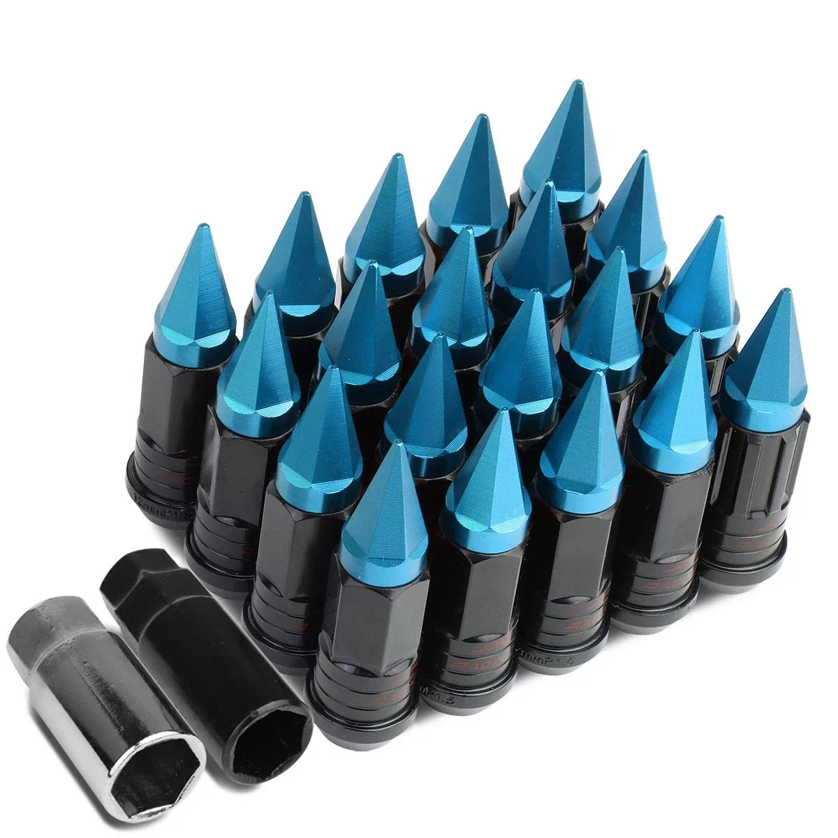Set of 4 Spiked Steel Light Blue 16" Rim Lugs + 4 Lock Nuts + Adapter M12x1.5