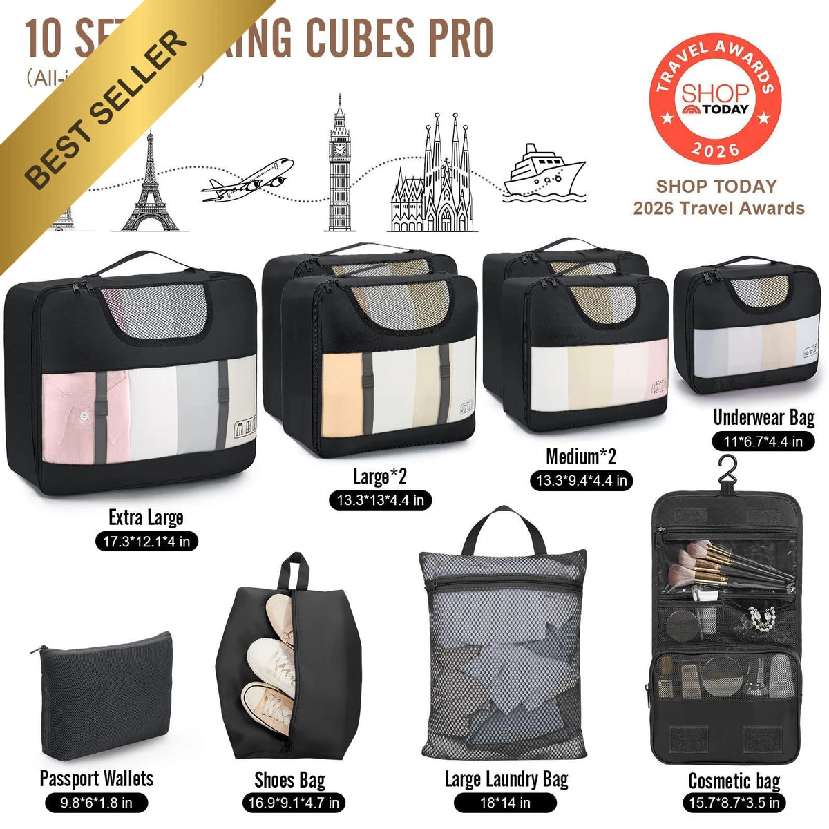 Set of 10 Packing Cubes for Luggage Organizer
