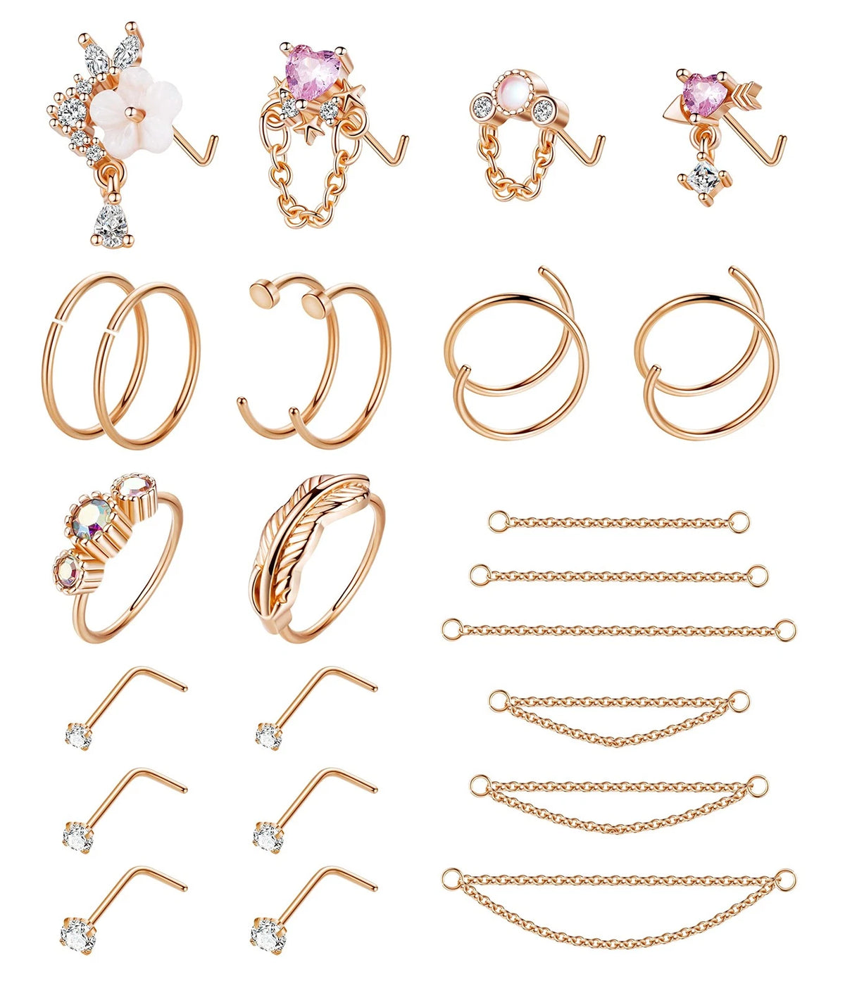 24Pcs 20G Stainless Steel Nose Ring Chain Piercing Double Nose Stud