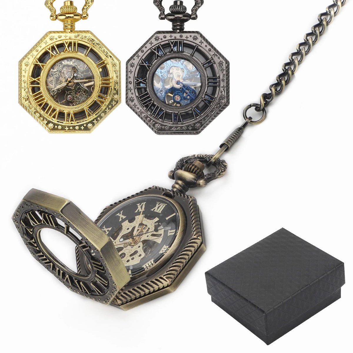 Vintage Men's Octagonal Mechanical Pocket Watch with Necklace Chain