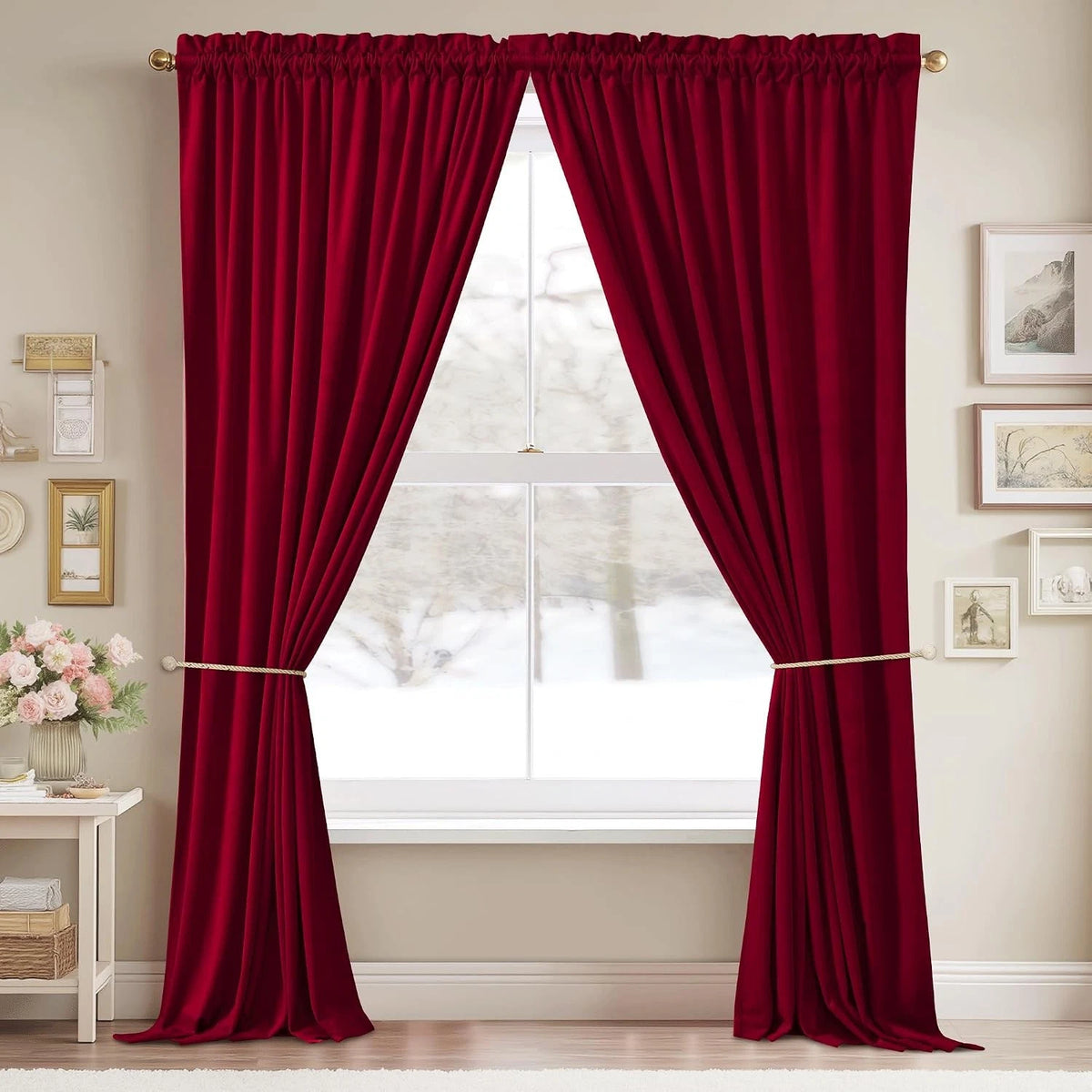 Set of 4 Thermal Insulated Red Velvet Curtains for Home Decor