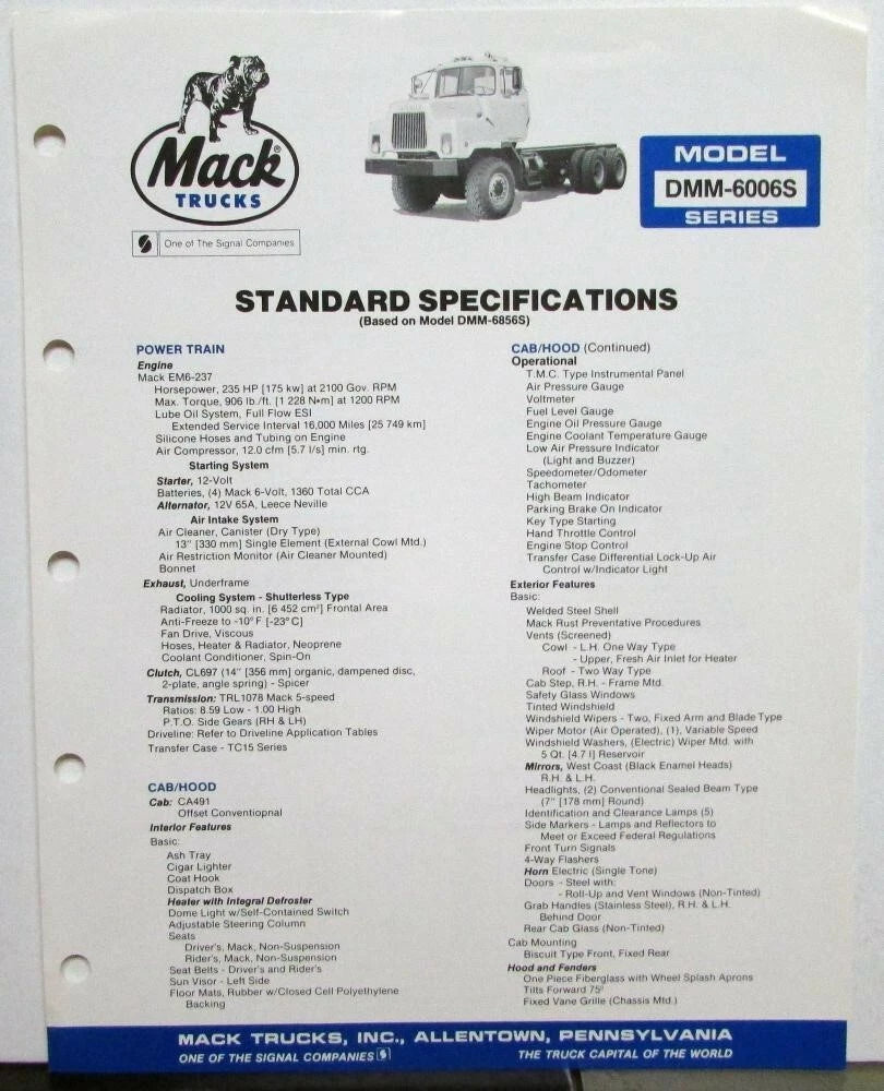 Mack Trucks Model DMM 6006S Diagram Dimensions Sales Brochure (1982)