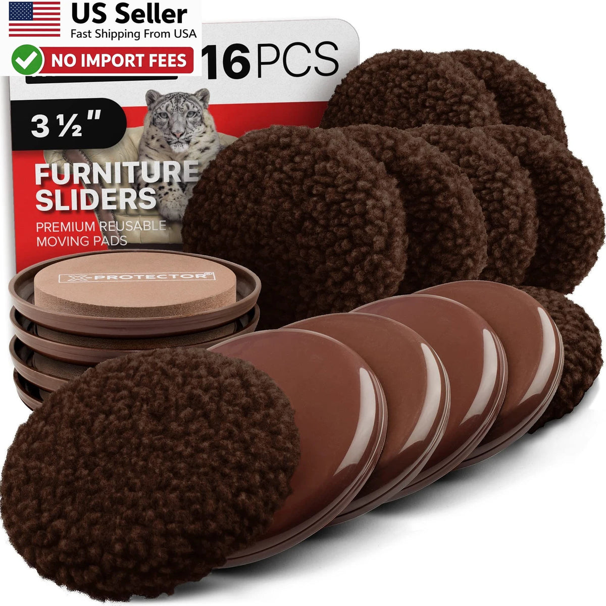 16Pc Brown Furniture Sliders for Carpet Hardwood Movers (USA)