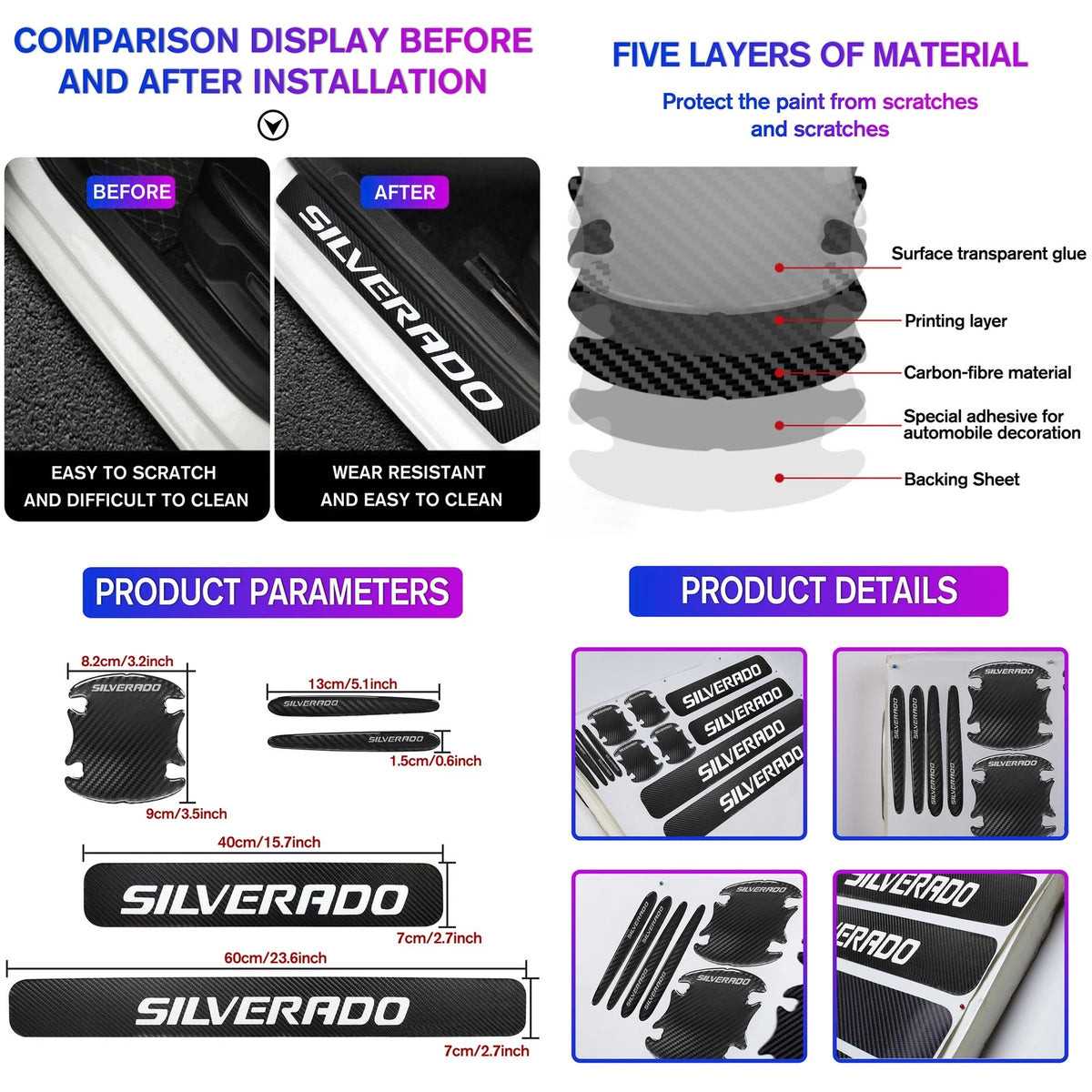 Set of 4 Door Sill Plate Step Scuff Covers for Silverado 1500 2500HD 3500HD