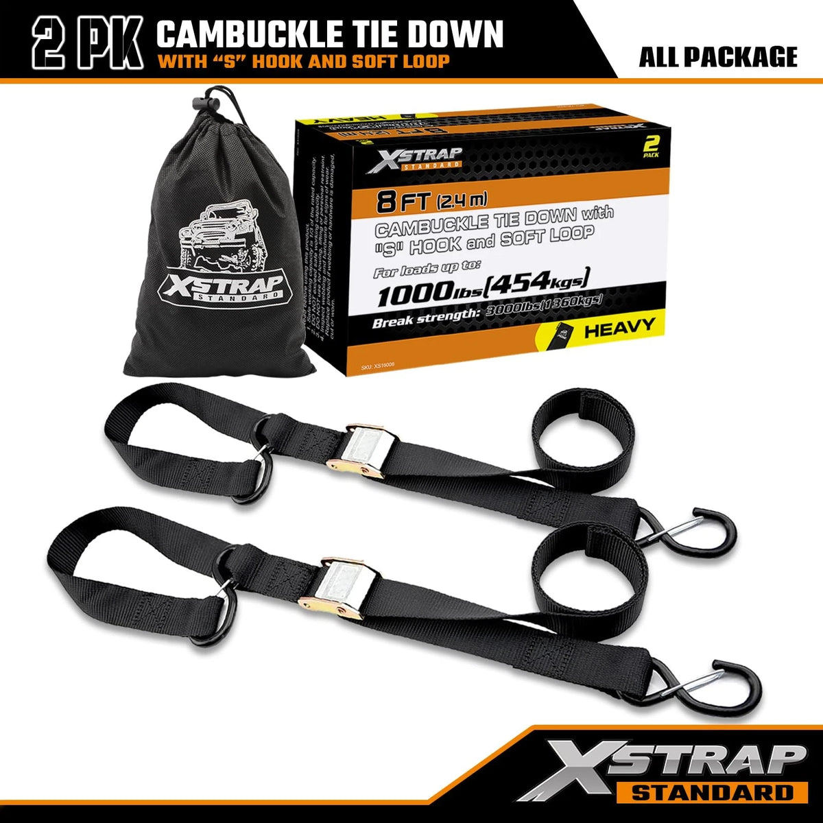 2X Motorcycle Tie Down Straps for XSTRAP (1.5IN X 8FT, Black)