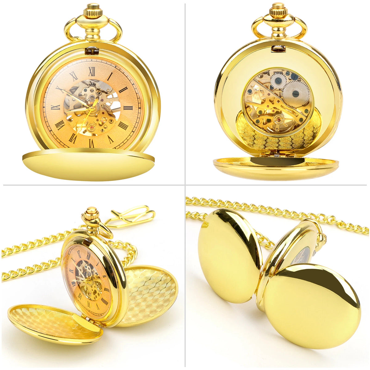 Skeleton Pocket Watch with Chain for Men - Roman Numerals Dial