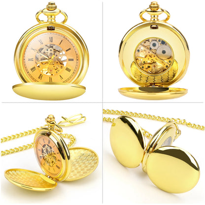 Skeleton Pocket Watch with Chain for Men - Roman Numerals Dial