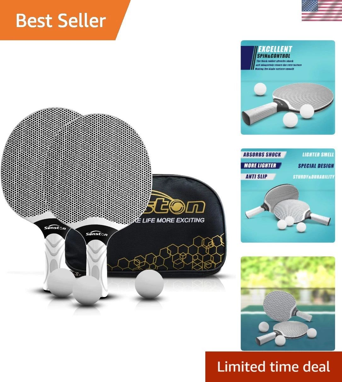 Set of 2 Table Tennis Rackets with Comfortable Grip & 3 Balls