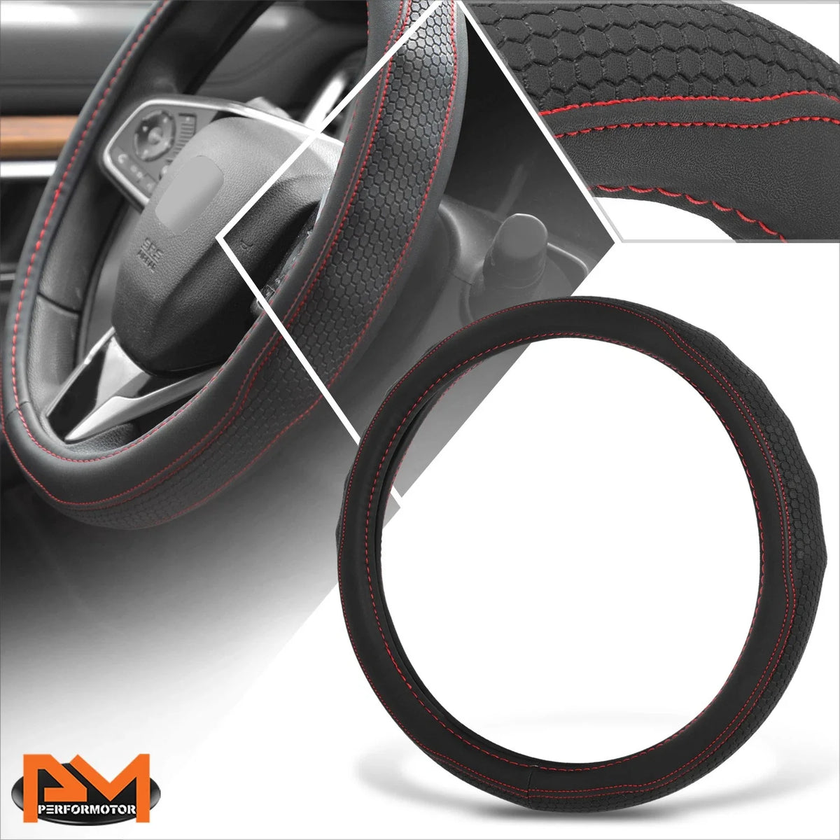Steering Wheel Cover for Universal Fit (14.5-15") - Black Hexagon, Red Stitching