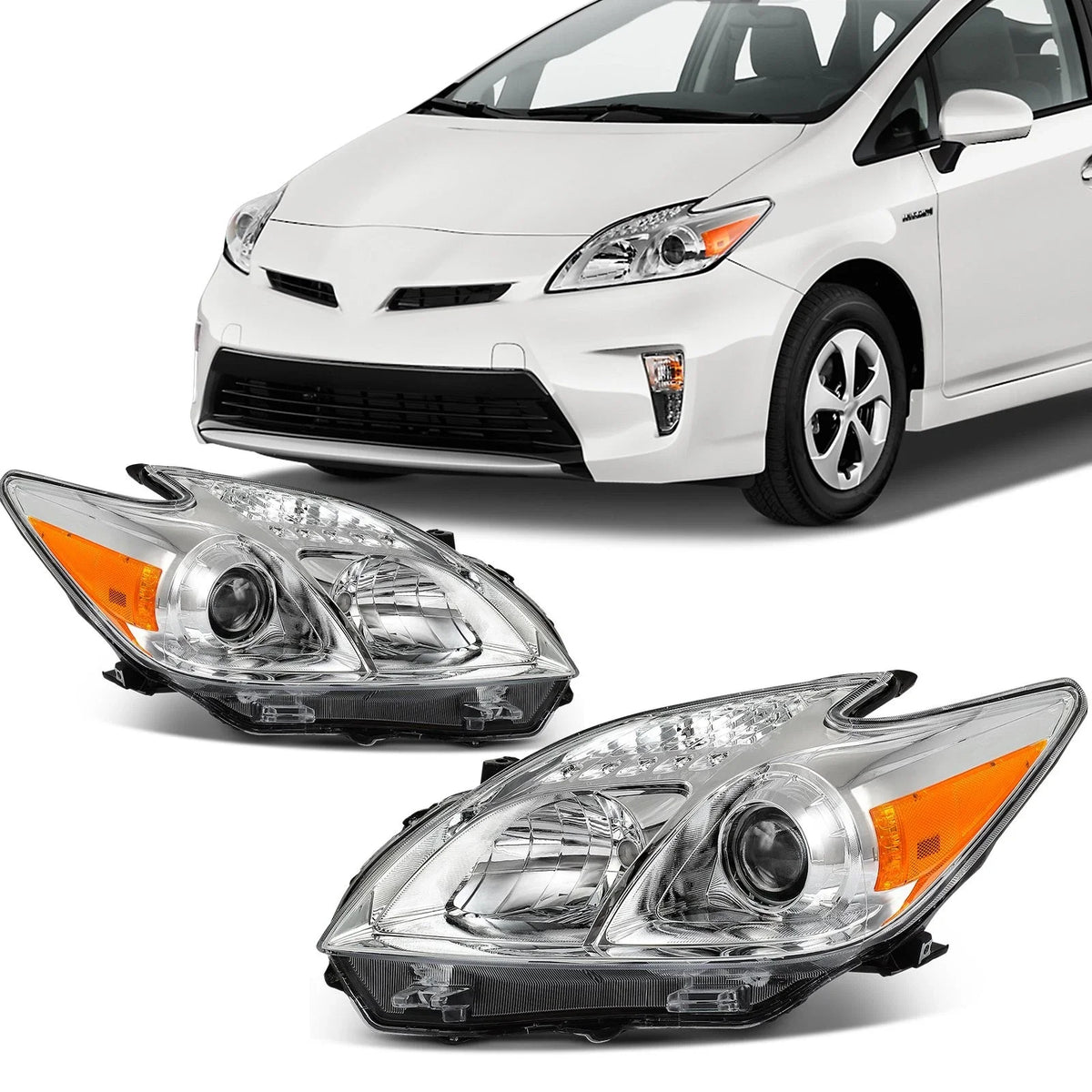 Set of 2 Chrome Amber Halogen Headlights Assembly for Toyota Prius (2010–2011)