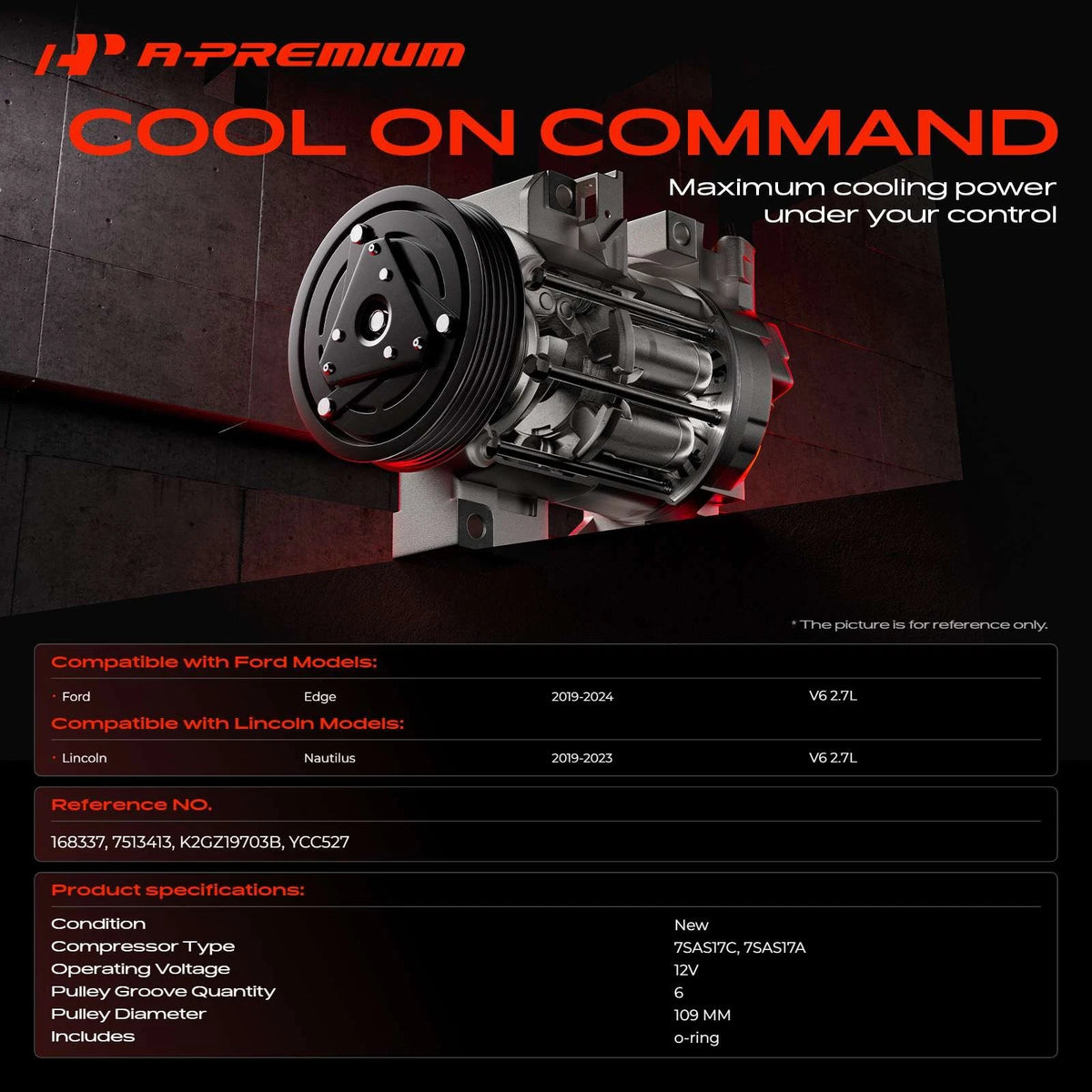 A/C Compressor with Clutch for Ford Edge, Lincoln Nautilus (2019–2024) - K2GZ19703B, 168337