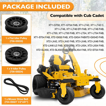 Deck Flat V-Idler Pulley Drive Belt Set for Cub Cadet MTD (756-05024, 756-05032)