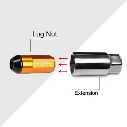 Set of 20 M12X1.5 Orange JDM Cone Seat Hex Wheel Lug Nuts with Cap & Extension