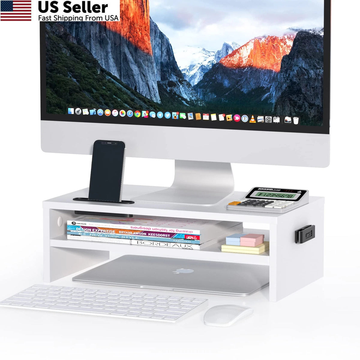2-Tier Wooden Monitor Stand Riser for Desk (16.5 Inch) - White