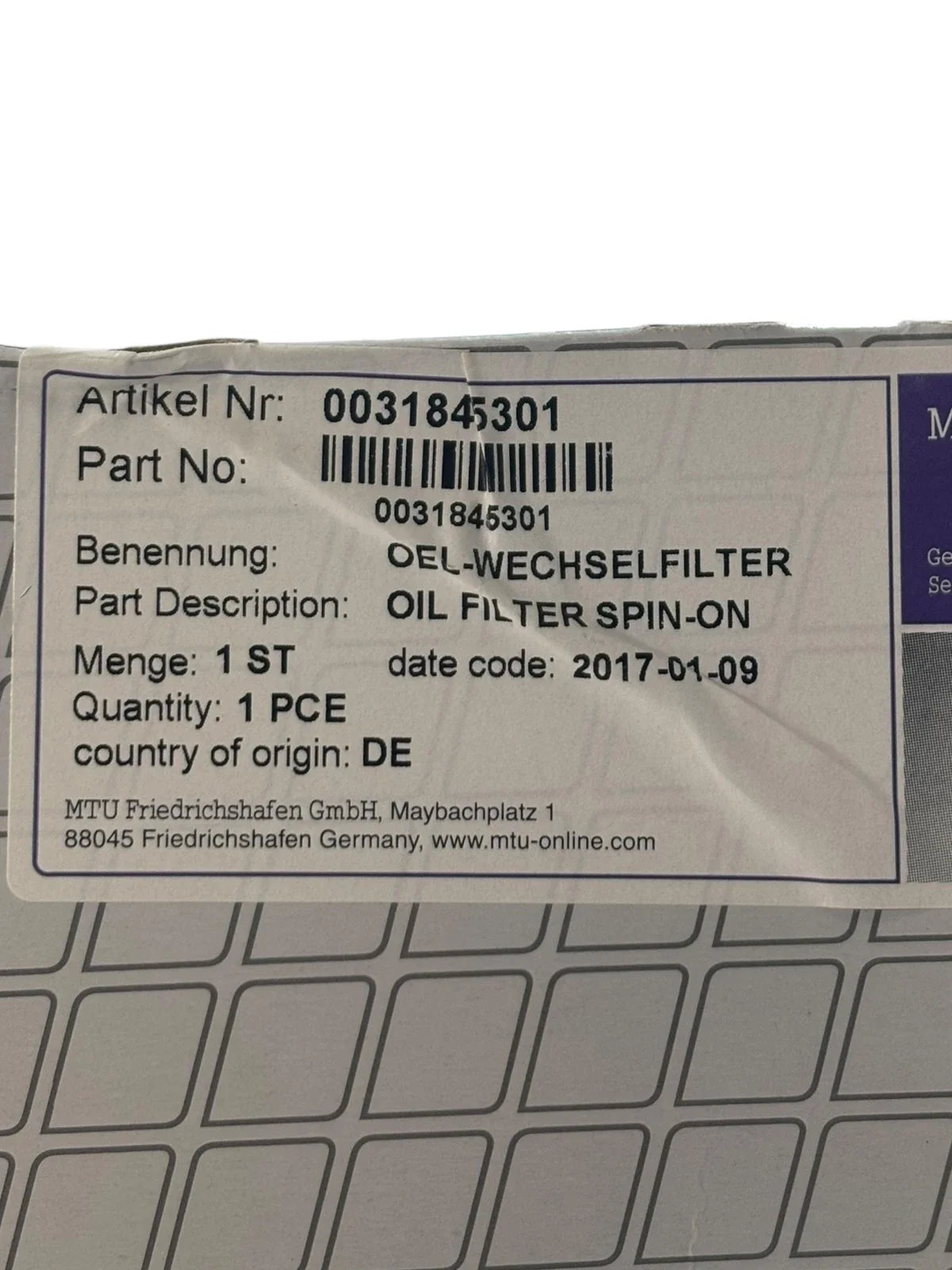 Spin-on Oil Filter for MTU ValueCare 0031845301
