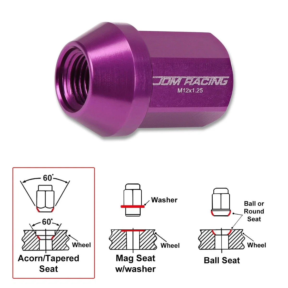 20Pc M12X1.25 Purple JDM Closed End Acorn Hex Wheel Lug Nuts + Extension 25mmx35mm