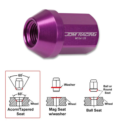 20Pc M12X1.25 Purple JDM Closed End Acorn Hex Wheel Lug Nuts + Extension 25mmx35mm