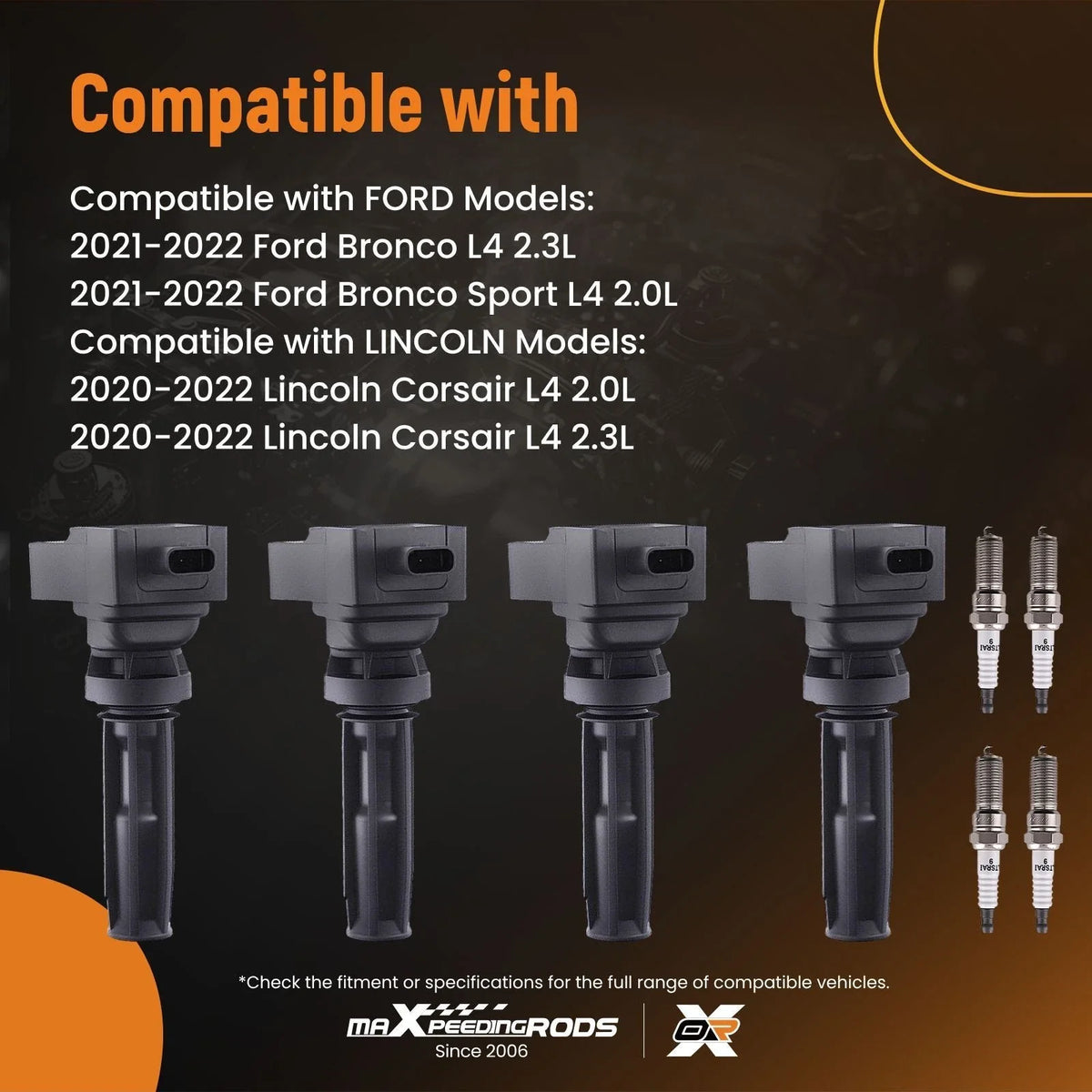 Set of 4 Ignition Coils & Spark Plugs for Ford Ranger Lincoln Nautilus (2019–2023)
