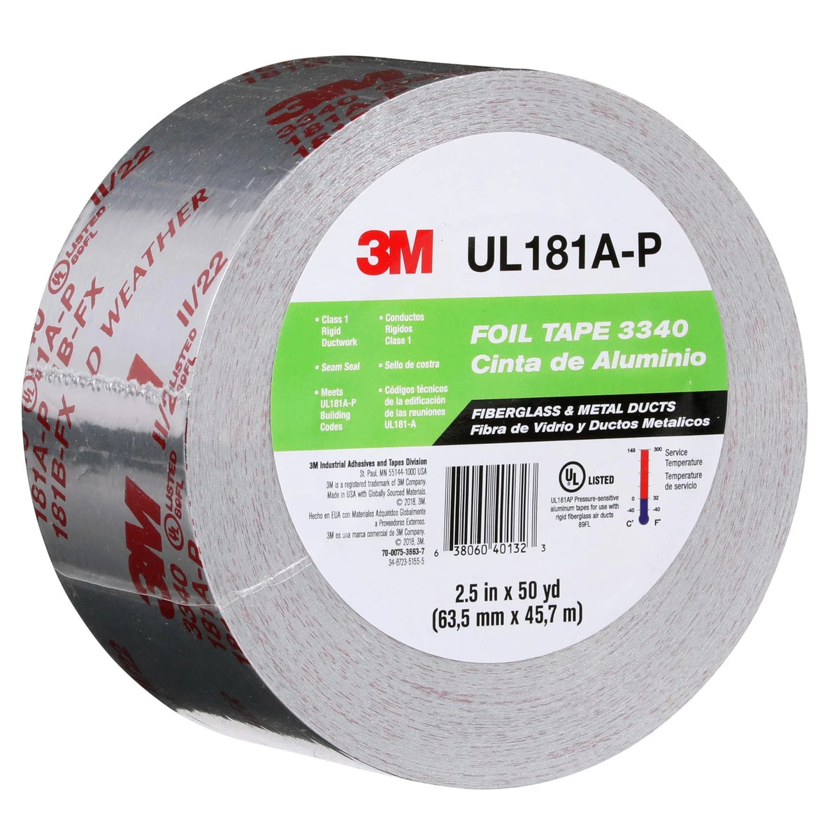 Aluminum Foil Tape 3340, 2.5" X 50 Yd, Silver, HVAC Sealing