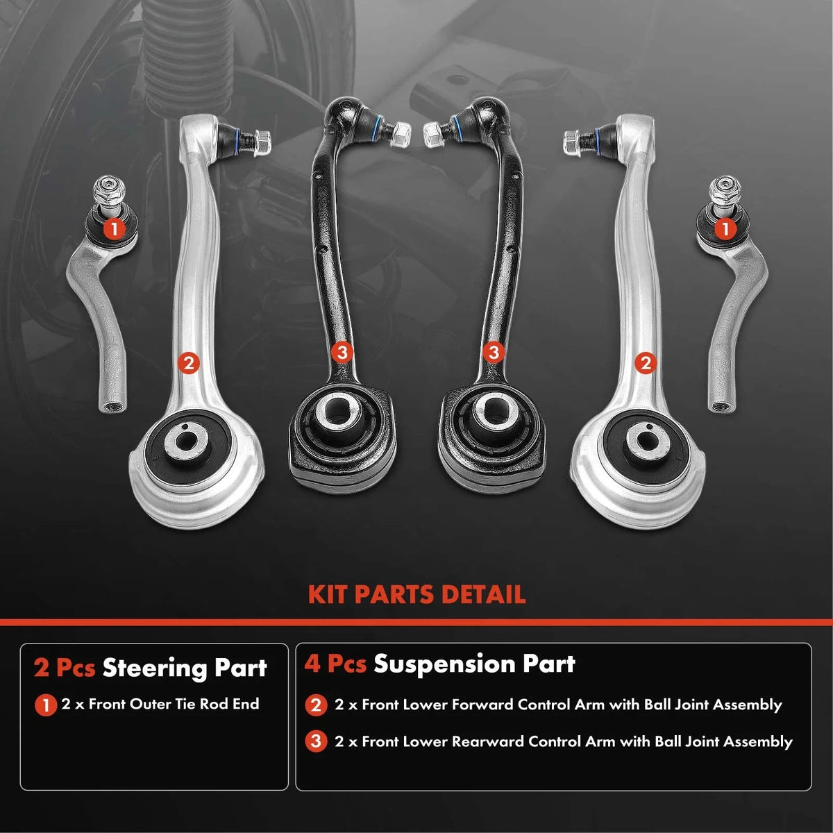6X Front Control Arm with Ball Joint & Tie Rod End for Mercedes-Benz W203 (2001–2007)